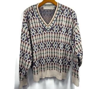 Vintage Crossings Fine Line   Grandpa V-neck Chunky Patterned Sweater Size Large